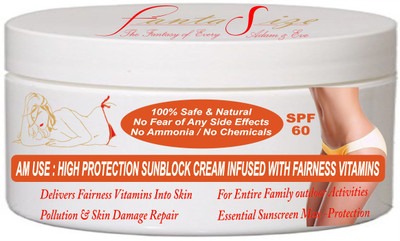 

FANTASIZE AM-USE : SPF 60 PA++ HIGH PROTECTION SUNBLOCK CREAM WITH LOTUS OIL& INFUSED WITH VITAMIN C & SAFFRON (Heals Skin damage & Signs Of Aging) & get instant tan removal fairness herbal soap with every purchase for Insant fair face - SPF 60 PA++(100 g