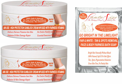 

FANTASIZE FFRON SPF 60 â UV BLOCK + FAIRNESS SUNSCREEN TAN REMOVAL KIT : FOR INDIAN SKIN AM-USE : HIGH PROTECTION SUNBLOCK CREAM WITH LOTUS OIL& INFUSED WITH VITAMIN C & SAFFRON FOR RADIANT SKIN AND PREVENTS 6 SIGNS OF AGING - SPF SPF 60 PA++++(275 g)