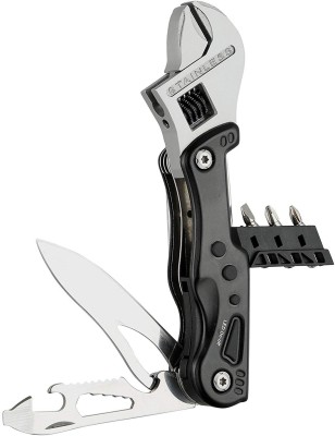 TUHI Multi 9-in-1 Adjustable Wrench Knife with 3 Changeable Screwdrivers, LED Torch, Bottle Openers and Nylon Belt Pouch 9 Multi-utility Knife(Black, Silver)