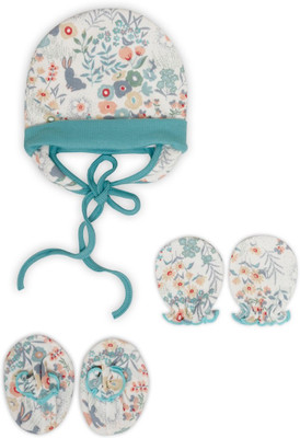 

Pebbles Baby/Infant Cute Printed Cap with ears, Mitten & Bootie Combo(Turquoise Blue)