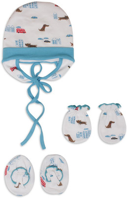 

Pebbles Baby/Infant Cute Printed Cap with ears, Mitten & Bootie Combo(Blue)