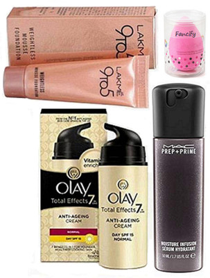 

fancify Sponge Puff With Mac Prep+Prime Moisture Infusion Face Serum & Olay Total effect 7 in 1 Cream,Lakme 9 to 5 mousse Foundation(Set of 4)