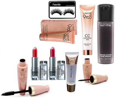 

fancify Eyelashes,Lakme 9 to 5 CC Cream,Mousse Cream,eyeliner.Mascara,Infallible face primer,Mac Prep+prime Moisture infusion face Serum,Lakme Enrich Lipstick(Pack Of 2)(Set of 9)