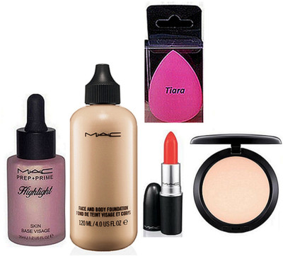 

tiara Spounge Puff , Mac Face & Body Foundation , Prep+Prime Highlighter , Compact , Matte orange Lipstick(Set of 5)