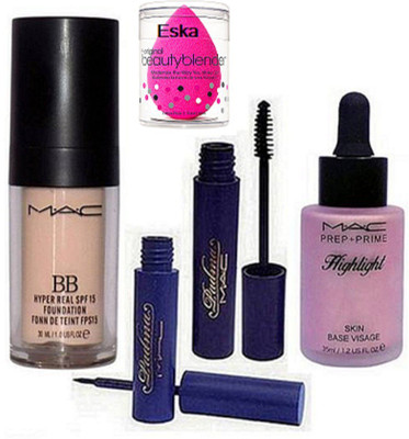 

Eska Sponge Puff & Mac BB Hyper Real Foundation, Prep+prime Highlighter & padma Eyeliner & Mascara(Set of 5)