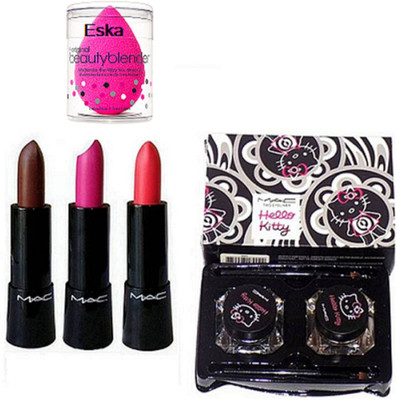 

Eska Sponge Puff & Mac Hello Kitty Gel Eyeliner With Lipstick Pack of 3(Set of 6)