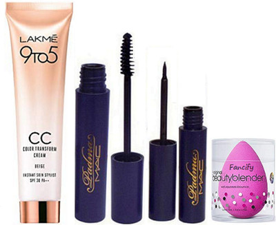 

Fancify Sponge Puff , Mac Padma Liquid Mascara , Eyeliner , Lakme 9 To 5 CC Cream Foundation(Set of 4)