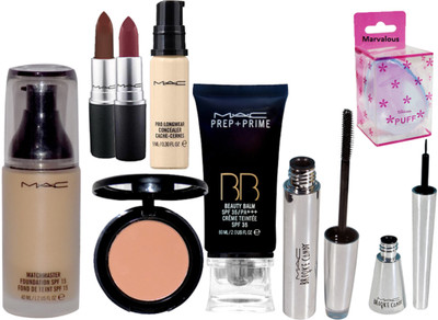 

Marvalous silicon puff , match master foundation , blusher , prep+prime bb teintee cream , brooke candy eyeliner & mascara , matte finish lipstick (set of 2) , pro long wear concealer(Set of 9)