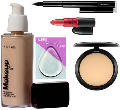 

eska Silicon Puff, Mac Makeup Pro Longwear Foundation, Lady Gaga Lipstick,Pen Liner, Compact(Set of 5)