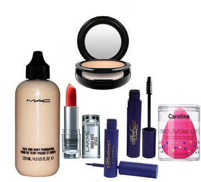 

caroline Sponge Puff, Mac Face & Body Foundation, Studio fix Compact, Padma eyeliner and mascara& Lakme Enrich Matte lipstick(Set of 6)