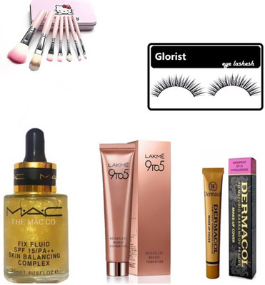 

GLORIST Eyelash & Combo of fix fluid serum, 9to5 foundation, makeup brush,dermacol (Set of 5)(Set of 5)