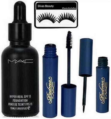 

Divas Beauty Eyelashes,Mac Hyper Real Foundation, Padma Eyeliner & Mascara(Set of 4)