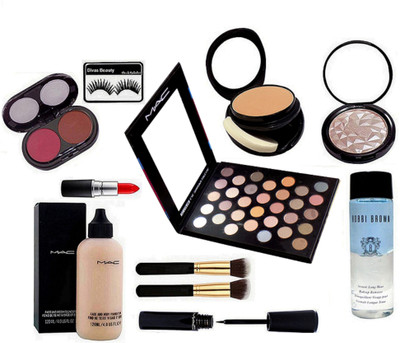 

Divas Beauty Eyelashes,Mac Illuminator, 32 Eyeshadow Palette, Face & Body Foundation, 2 Shades Blusher, Two Way Compact, Liquid Eyeliner, 2 Brush, Matte Finish Lipstick, Bobbi Brown Instant Long Wear Makeup Remover(Set of 11)