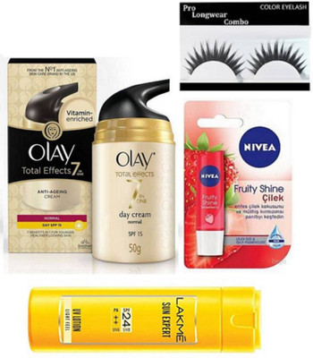 

Pro longwear combo Eyelashes With Olay Anti Ageing cream, Nivea Lip Balm,Lakme Sunscreen Body lotion(Set of 4)