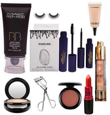 

Dazzling Silicon Puff &MAc Prep+Prime BB Beauty Foundation & Padma Mascara &Padma Eyeliner & Eyelashes & Curler & Blusher & COmpact & Lady Gaga lipstick & Highlighter & Select Cover-up(Set of 11)