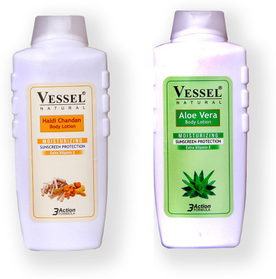 

Vessel Natural Moisturizing Body Lotion with Sunscreen Protection Aloe Vera & Haldi Chandan 650 ml Combo Pack of 2(Set of 2)