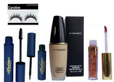 

caroline Eyelashes, Mac Hyper Real Foundation, Padma Eyeliner & Mascara, Kylie Liquid Lip Gloss(Set of 5)