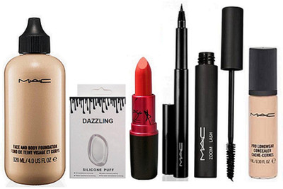 

Dazzling Silicon Puff & Face And Body Foundation & Lady Gaga Lipstick & Pen Eyeliner & Zoom Lash Mascara & Pro LOngwear Comcealer(Set of 6)