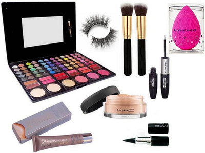 

professional kit Spongy puff , 78 Shade Eyeshadow Palette + Two Makeup Brush, Loose Powder, 2 in 1 Eyeliner+Mascara & BB Cream & Black Stick Kajal & Eyelashes(Set of 9)