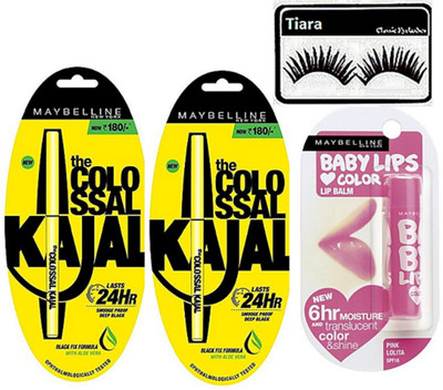 

tiara eyelashes , Maybelliene New York Colossal Kajal Pack Of 2 and Baby Lip(Set of 4)