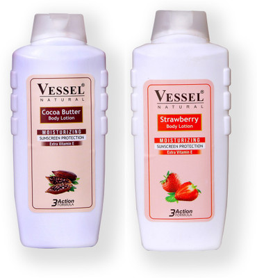 

Vessel Natural Moisturizing Body Lotion with Sunscreen Protection Strawberry & Cooca 650 ml Combo Pack of 2(Set of 2)