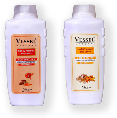 

Vessel Natural Moisturizing Body Lotion with Sunscreen Protection Haldi Chandan & Honey 650 ml Combo Pack of 2(Set of 2)