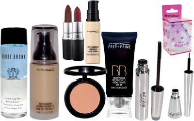 

Marvalous silicon puff , match master foundation , blusher , prep+prime bb teintee cream , brooke candy eyeliner & mascara , matte finish lipstick (set of 2) , pro long wear concealer with bobbi brown instant pro long wear makeup remover(Set of 10)