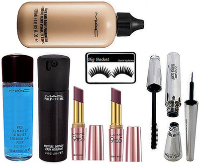

big Basket Eyelashes, Mac Face and Body Foundation, Brook Candy Eyeliner & Mascara, Star trik Blusher, 9to5 primer Matte Lipstick Pack of 2, Pro Eye Makeup Remover, Prep+prime Moisture infusion Serum(Set of 8)