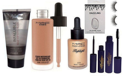 

DAZZLING Silicon Puff & Studio Waterweight Foundation & Highlighter & Primer & Padma Eyeliner & Mascara & Eyeleshes(Set of 7)