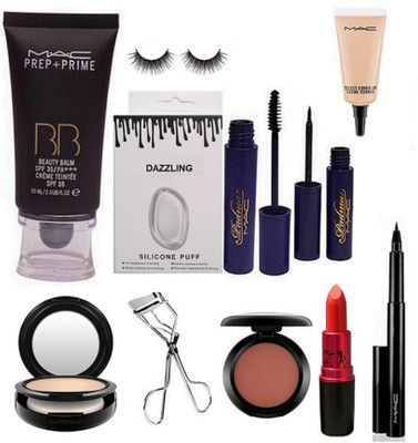 

Dazzling Silicon Puff & MAc Prep+Prime BB Beauty Foundation & Padma Mascara &Padma Eyeliner & Eyelashes & Curler & Blusher & COmpact & Lady Gaga lipstick & Pen Eyeliner & Select Cover-up(Set of 11)