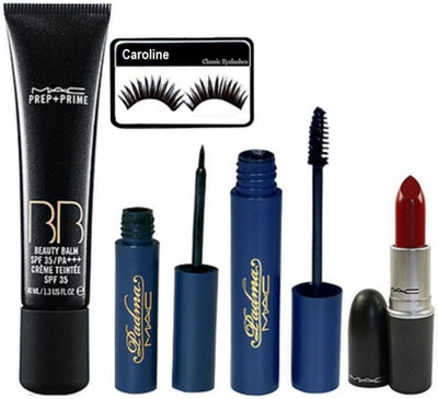 

caroline Eyelashes, Mac Prep+prime BB Foundation, Padma Eyeliner & Mascara, Lipstick(Set of 5)