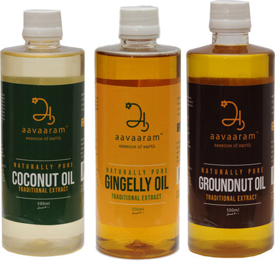 

Aavaaram Combo Of Groundnut Gingelly & Coconut Oil 100% Natural Product,500ml Pack,Traditional Extract,Cold Pressed Oil,100% Organic Coconut Oil Plastic Bottle(3 x 166.67 ml)