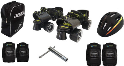 

Jaspo .Blacken Intact Adjustable Senior Roller Skates Combo Suitable for Age Group 6 to 14 Years (Skates+ Helmet + Knee Guard+ Elbow Guard + Bag+Key) Skating Kit
