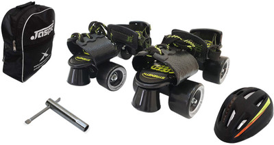 

Jaspo Blacken Dual Adjustable Senior Roller Skates Combo Suitable for Age Group 6 to 14 Years (Skates+ Helmet + Bag+Key) Skating Kit