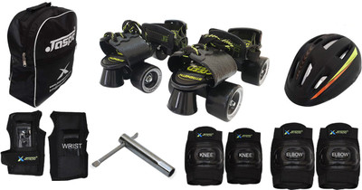 

Jaspo Blacken Pro Adjustable Senior Roller Skates Combo Suitable for Age Group 6 to 14 Years (Skates+ Helmet + Knee Guard+ Elbow Guard +Wrist Guard+ Bag+Key) Skating Kit