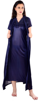 SENSLIFE Women Nighty with Robe(Dark Blue)