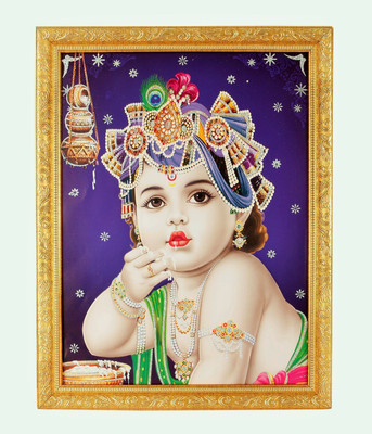 BM Traders Silver Zari Work Photo Of Bal Krishna In Golden Frame Big (14 X 18 Inches) Religious Frame