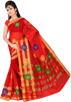 Kanooda Prints Embroidered Chanderi Silk Blend Saree(Red)
