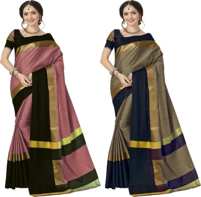 Aaghnya Self Design, Color Block Bollywood Cotton Blend Saree(Pack of 2, Multicolor)