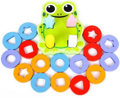 

SN toy zone High Quality Wooden Frog with Geometric Shapes and Wooden Blocks(Multicolor)