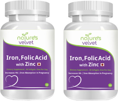 

Natures Velvet Lifecare Iron & Folic Acid with Zinc, 60 Softgels - Pack of 2(120 No)