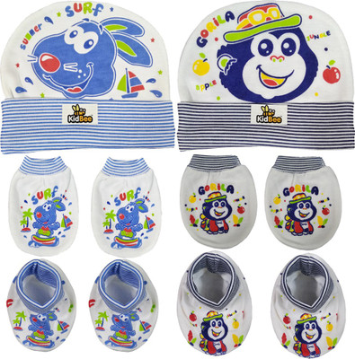 

Kidbee Baby Printed Soft Booties Mittens Cap Combo Set(Light Blue, Dark Blue)