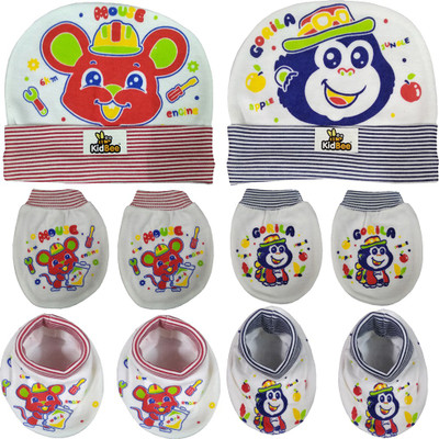 

Kidbee Baby Printed Soft Booties Mittens Cap Combo Set(Red, Dark Blue)