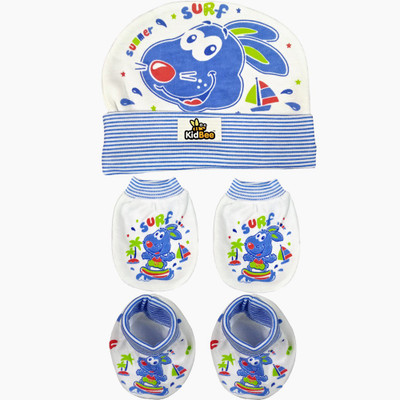 Kidbee Baby Printed Soft Booties Mittens Cap Combo Set(Light Blue)