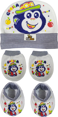 

Kidbee Baby Printed Soft Booties Mittens Cap Combo Set(Dark Blue)