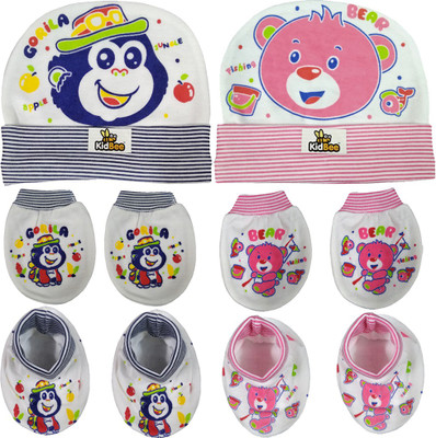 

Kidbee Baby Printed Soft Booties Mittens Cap Combo Set(Dark Blue, Pink)