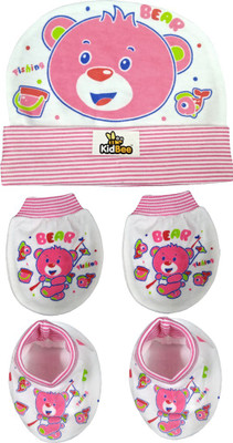 

Kidbee Baby Printed Soft Booties Mittens Cap Combo Set(Pink)