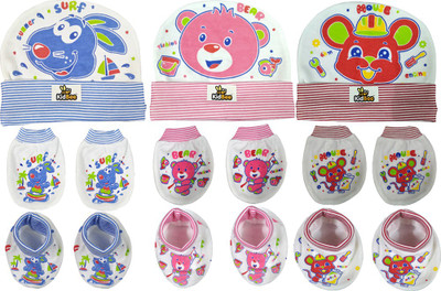 Kidbee Baby Printed Soft Booties Mittens Cap Combo Set(Light Blue, Pink, Red)