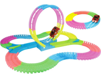 

TOYGALAXY Twister Tracks Trax 360 Loop 15' (feet) of Neon Glow in the Dark Track with Two Light-Up (Pulse LED) Vehicles Sports Car Series(Multicolor)