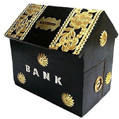 

Craftatoz Antique Wooden Hut Shaped Piggy Bank with Lock Coin Bank(Black)